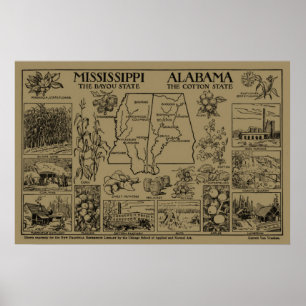 Poster Vintage Alabama e mapa ilustrativo de Mississippi