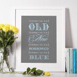 Poster Vintage Algo Chá de panela Azul De Casamento<br><div class="desc">Elegante e vintage "Algo antigo,  algo novo,  algo emprestado,  algo novo",  a tipografia cita design. Apresentar como sinal de boas-vindas num chá de panela de casamento. As cores incluem cinzas de carvão,  azul-aqua branco e pálido.</div>