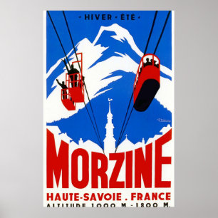Poster Vintage Alpes franceses Gondola Winter sport ski e