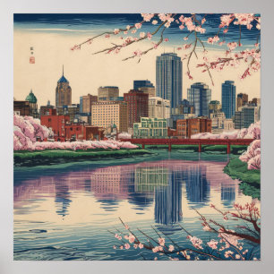 Poster Vintage America Boston Mãe City Skyline Ukiyo Styl