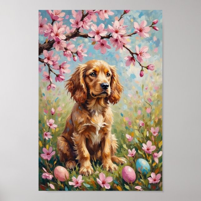 Poster Vintage American Cocker Spaniel Easter Blossom Art (Frente)