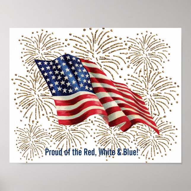 Poster Vintage American Flag com Dourado Glitter Firework (Frente)