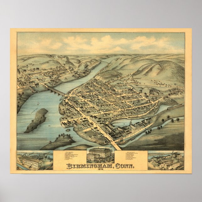 Poster Vintage Antique Map Birmingham Connecticut 1876 (Frente)