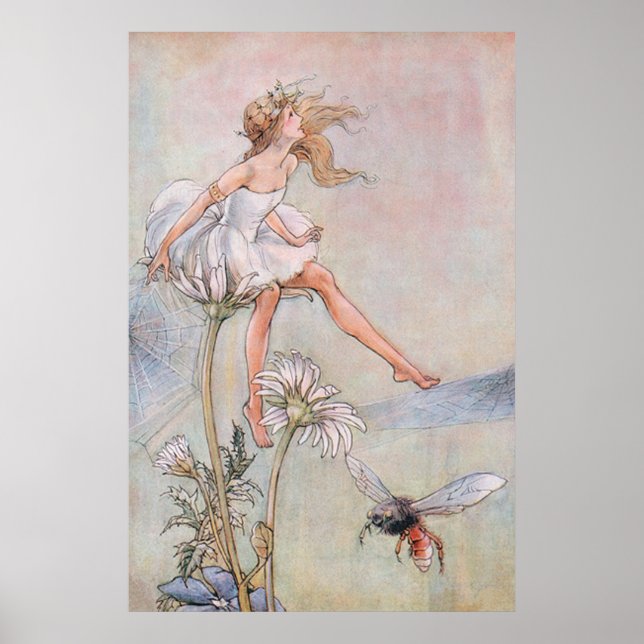 Poster Vintage Art, Beautiful Fairy and Bee (Frente)