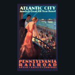 Poster Vintage Art Deco Atlantic City No Viagem Da Noite<br><div class="desc">Esta é uma impressão de uma vintage Art Deco Altantic City, Pensilvânia Railroad viagem de Turismo poster por Edward M. Eggleston. Ele apresenta um casal jovem numa varanda com vista para a noite da formiga de Atalnta City no fundo. Embora a cor de fundo seja derivada do original, você pode...</div>