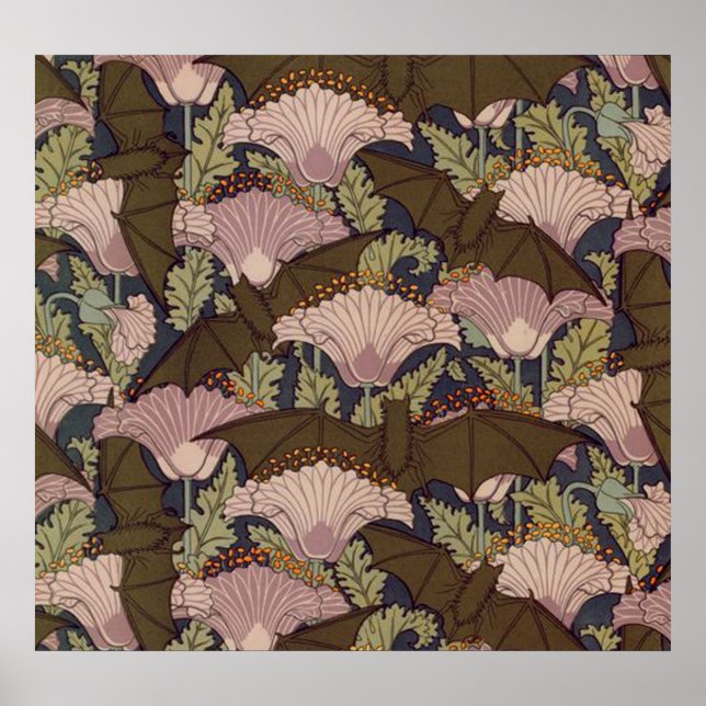 Pôster Vintage Art Deco Bat and Flowers (Frente)