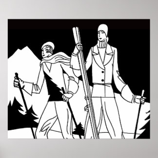 Poster Vintage Art Deco Esquiadores de Casal de Esqui Ilu