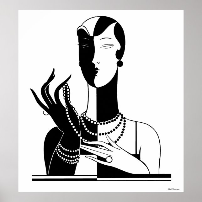 Poster Vintage Art Deco Lady With Pearls Black Transp (Frente)
