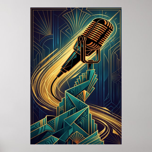 Poster Vintage Art Deco Microphone Music Gold & Teal (Frente)