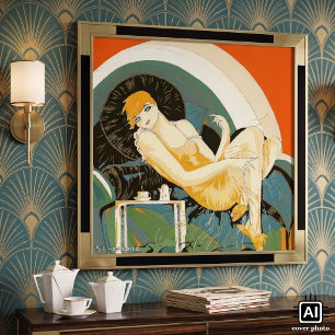 Pôster Vintage Art Deco Mulher reformulando no sofá, Chom
