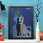Pôster Vintage Art Deco Newlyweds, Oui de George Barbier<br><div class="desc">Ilustração vintage, amor e arte romântica, imagem deco com um homem e uma mulher vestidos em baile formal, dançando à luz da lua; ela está em um elegante vestido de noiva que se assemelha a uma flor com pétalas e ele está em seu melhor smoking. O casal está parado em...</div>