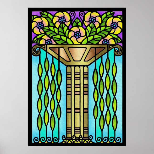 Poster Vintage art deco stain glass design floral (Frente)