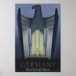Poster Vintage Art Deco viagem Alemanha Eagle<br><div class="desc">Vintage Art Deco viagem Alemanha poster,  mostra uma águia ao fundo com o logotipo "Alemanha a terra da música".</div>