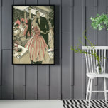 Poster Vintage Art Deco Wedding, Newlyweds First Dance<br><div class="desc">Ilustração vintage,  amor e design de romance art deco apresentando um casal recém-casado vestido em trajes formais dançando em sua recepção de casamento; A linda noiva está em um vestido elegante de noite com delicadas flores florais cor-de-rosa e o noivo bonito está em um terno de smoking.</div>