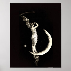 Poster Vintage Art Deco Woman na Deusa da Lua Trabalho de