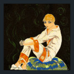 Poster Vintage Art Deco Woman, Smoking by S. Chompre<br><div class="desc">Ilustração Vintage arte deco cotidiana imagem apresentando uma elegante senhora sentada e relaxante enquanto fumava um cigarro. Ela está deitada de pijama e felpudo. Art Deco de S. Chompre.</div>