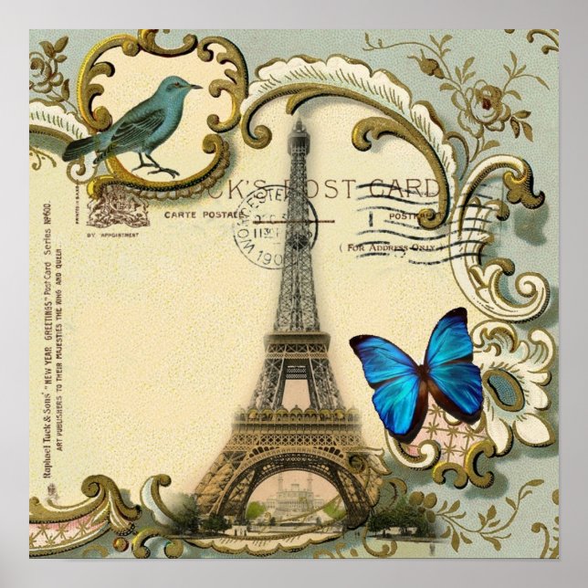 Poster vintage art nouveau Blue swirls paris eiffel torre (Frente)