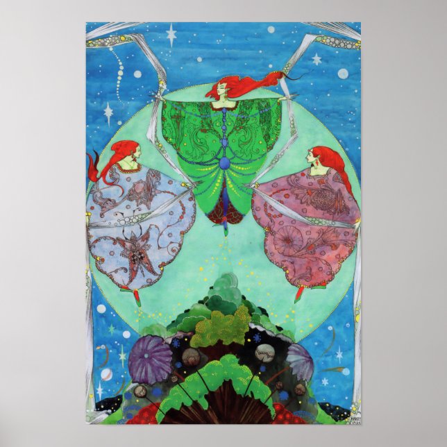 Poster Vintage Art Nouveau Fairies Dançando À Lua (Frente)