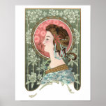 Poster Vintage Art Nouveau Lady | Personalizado<br><div class="desc">Linda mulher do estilo Art Nouveau do século,  enfeitiçada,  com um perfil de cabelo castanho rodeado por flores estilizadas em tons de verde,  lacre e ouro com espaço para seu nome ou monograma.</div>