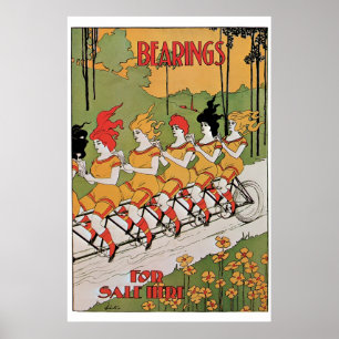 Poster Vintage art Nouveau, meninas engraçadas num tandem