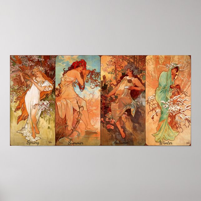 Poster Vintage Art Nouveau Seasons Quatro Beleza (Frente)