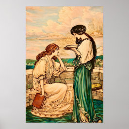 Poster Vintage Art Nouveau Women Reading by the Sea 