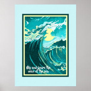 Poster Vintage Art of Moon Over a Stormy Sea com Citação
