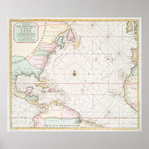 Pôster Vintage Atlantic Ocean & North America Map (1700s)
