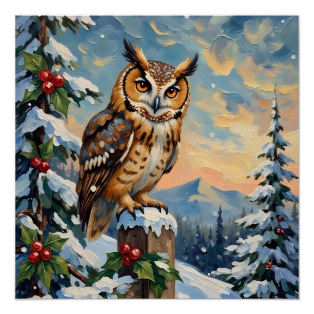 Pôster Vintage Barn Owl on Frosty Fence Christmas (Frente)