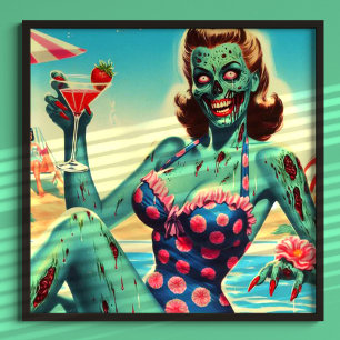 Poster Vintage Beach Zombie Pin-up