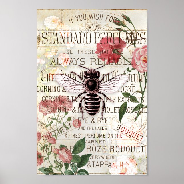 Poster Vintage Bee Rose Bouquet Ephemera (Frente)