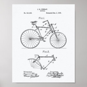 Pôster Vintage Bicycle 1890 Patent Art - White Paper