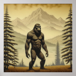 Poster Vintage Bigfoot nas montanhas e pinheiros