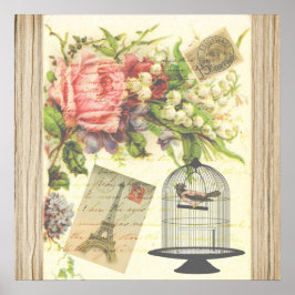 Poster Vintage Bird Floral French Paris Eiffel Tower