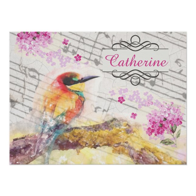 Pôster Vintage bird on tree rosa flower decoupage (Frente)