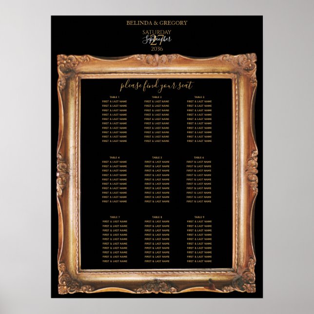Poster Vintage Black & Dourado Wedding Seating Chart (Grá (Frente)