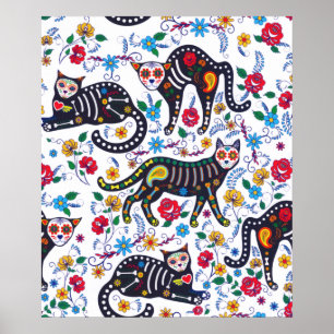 Poster Vintage Black White Cats Halloween Gothy Floral