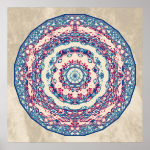 Poster Vintage Blue Red Abstrato Mandala Art Design