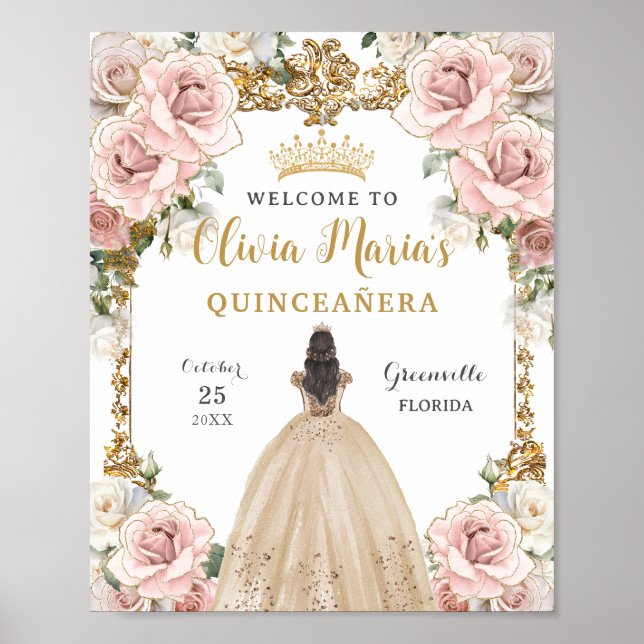 Poster Vintage Blush Pink Champagne Quinceañera Floral (Frente)