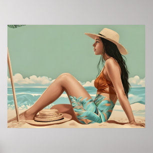 Poster Vintage Bonito Mulher Senta Na Areia Da Praia