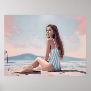 Poster Vintage Bonito Mulher Senta Na Areia Da Praia