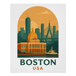 Pôster Vintage Boston USA Travel Poster – Retro City Art