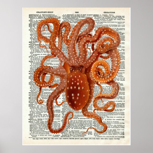 Poster Vintage Botanical Octopus Art Dictionary Page (Frente)