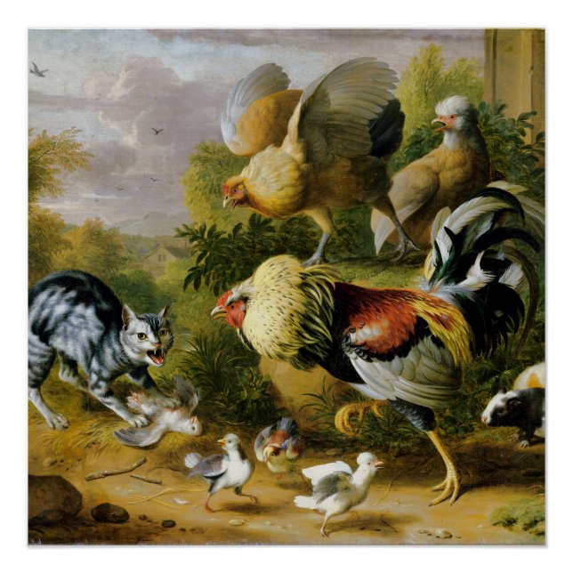 Pôster Vintage Brave Cat Entre Roosters (Frente)