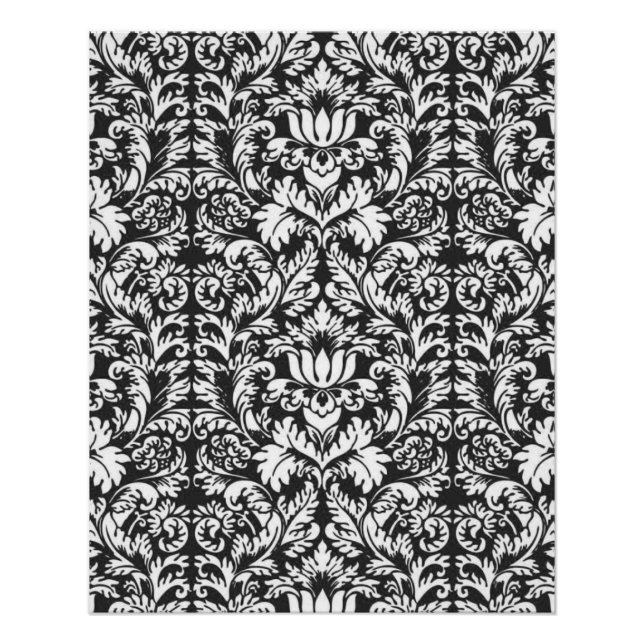 Pôster Vintage Brocado de Renda de Damasco Preto e Branco (Frente)