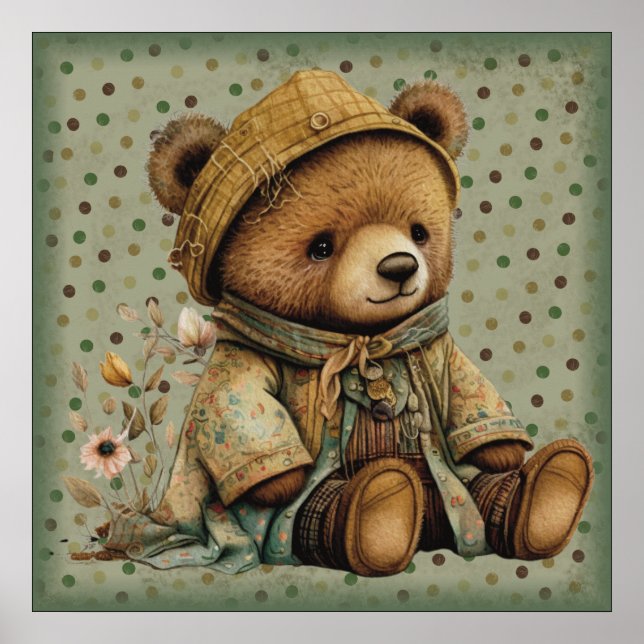 Poster Vintage Brown Teddy Bear E Polkadots (Frente)