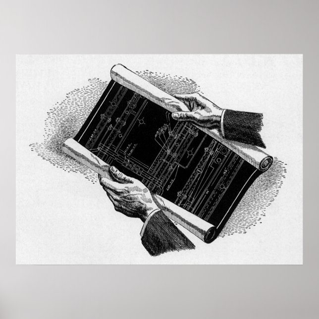 Pôster Vintage Business, mãos com projetos de arquitetura (Frente)