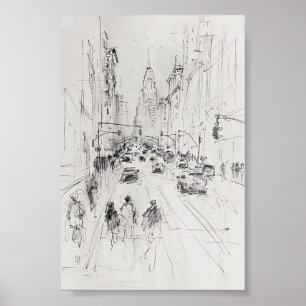 Poster Vintage Busy City Street - Ilustração urbana
