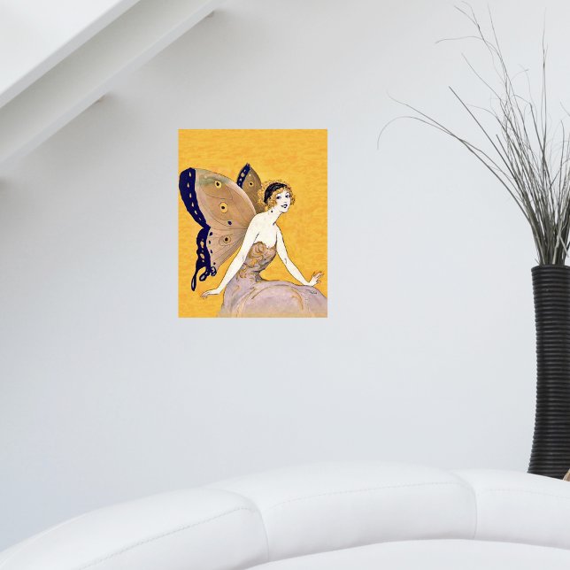Pôster Vintage Butterfly Wings Fada Fae Cabelo Louro (Pretty blond fairy with monarch butterfly wings on bright gold wall art poster.)