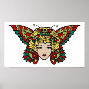Poster Vintage Butterfly Woman Tattoo Art